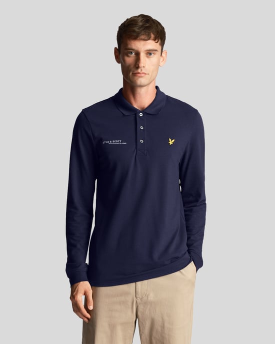 Lyle & Scott men's long sleeve polo shirt with matching print in navy blue