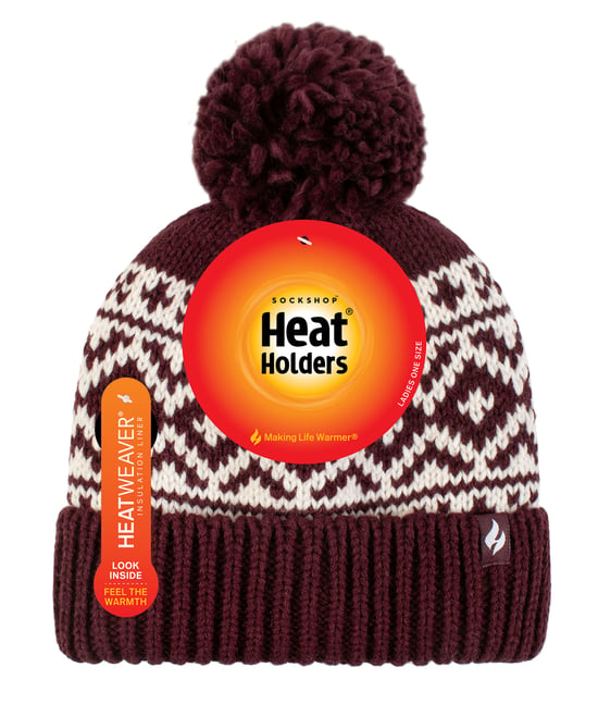 Dames Geprinte Omgeslagen Bobble Muts | Heat Holders | Chunky Kabelbrei met Heatweaver Fleece Voering | Billingen Stijl - Wijn - Image 2