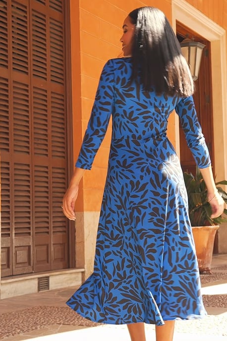 Blue & Black Floral Print Keyhole Detail Midi Jersey Dress