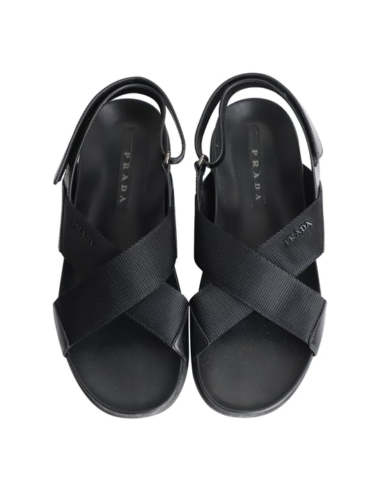 Prada Logo Band Kruis Sandalen in Zwart Leer - Image 6