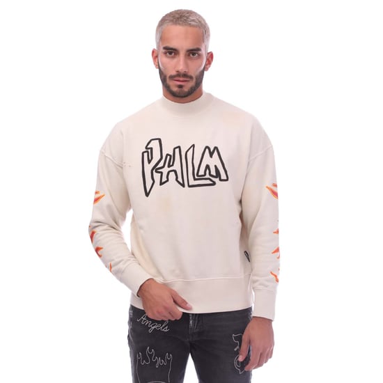 Heren Palm Angels Garment Dye Graffiti Flames Crewneck Sweatshirt in Off White - Image 1