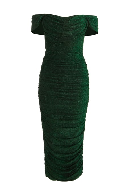 Bottle Green Shimmer Bardot Ruched Midi Dress