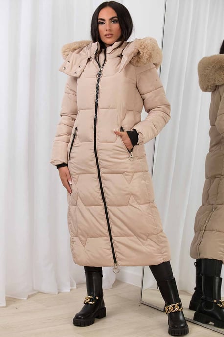 Jess Women’s Long Puffer Coat with Faux Fur Hood & Zip Pockets