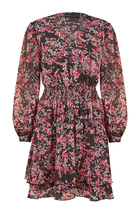 Black Blossom Print Ruched Waist Long Sleeve Skater Dress