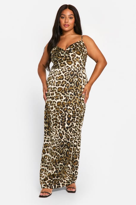 Plus Leopard Printed Satin Maxi Dress
