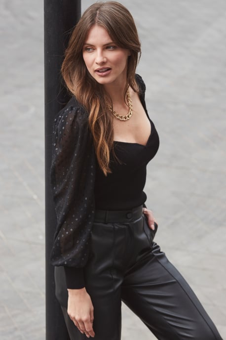 Black Polka Dot Sheer Sleeve Sweetheart Neckline Jumper