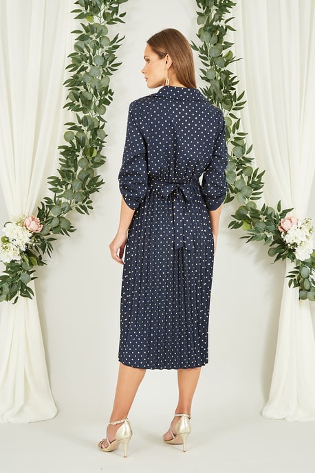 Navy Spot Pleated Skirt Midi Dress With Gold Buckle