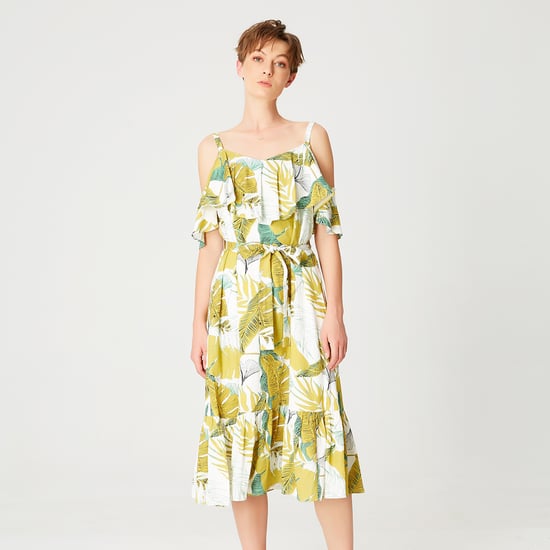 Tropical print trapeze dress with ruffles and thin straps