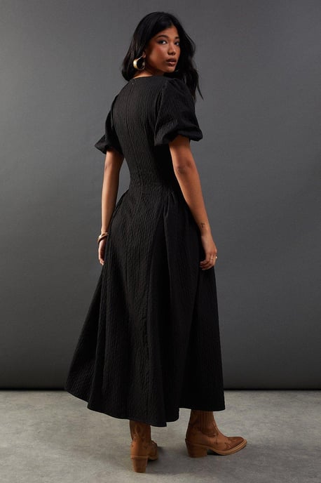 Seersucker Organza Godet Side Puff Sleeve Midi Dress