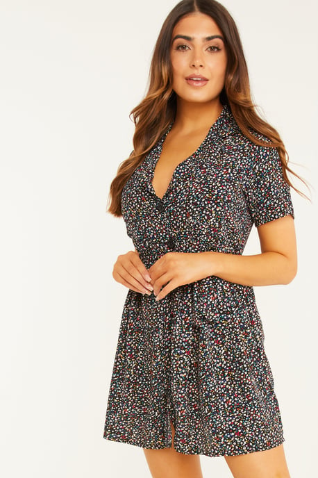 Petite Black Floral Skater Dress