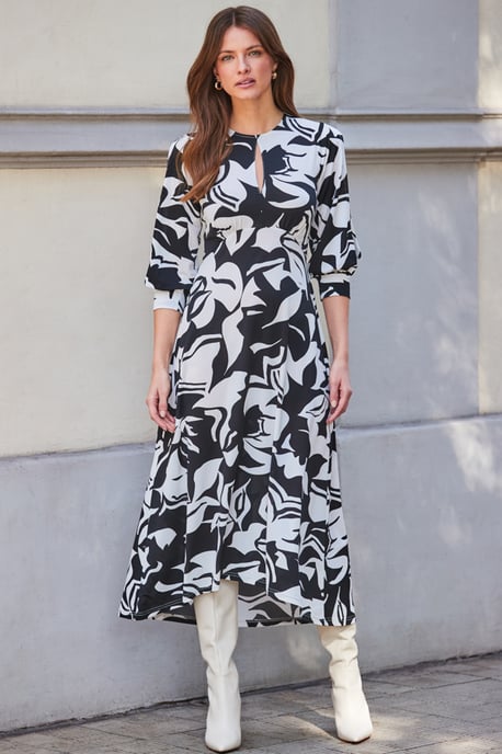 Black Floral Print Keyhole Detail Jersey Midi Dress