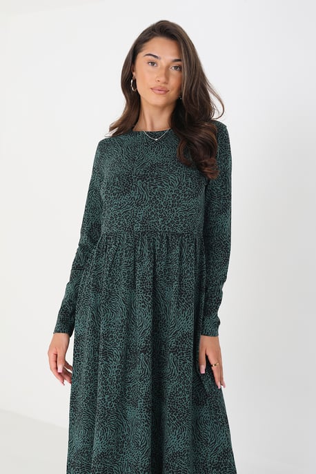 Green Cotton 'Mistie' Animal Print Long Sleeve Midi Smock Dress
