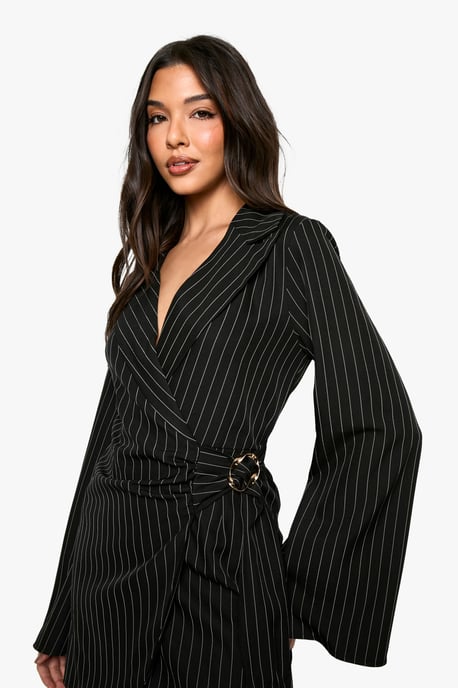Pinstripe Buckle Detail Tie Waist Tailored Blazer Dress - Image 4