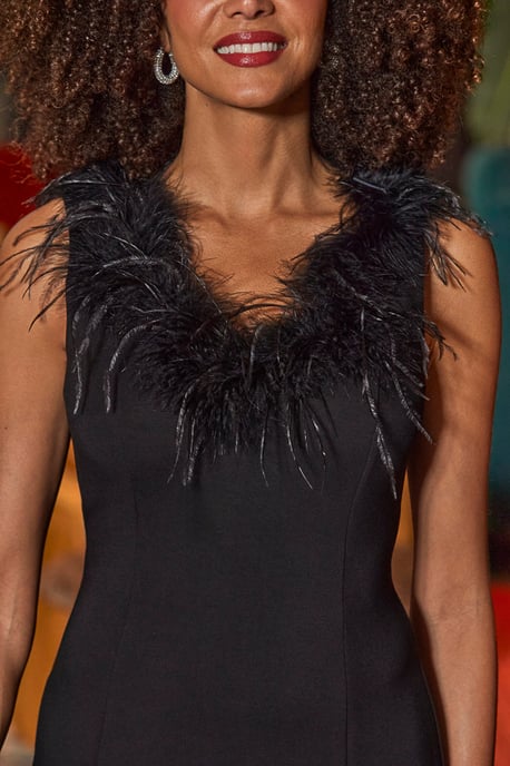 Black Feather Trim Body-Sculpting Dress - Image 3