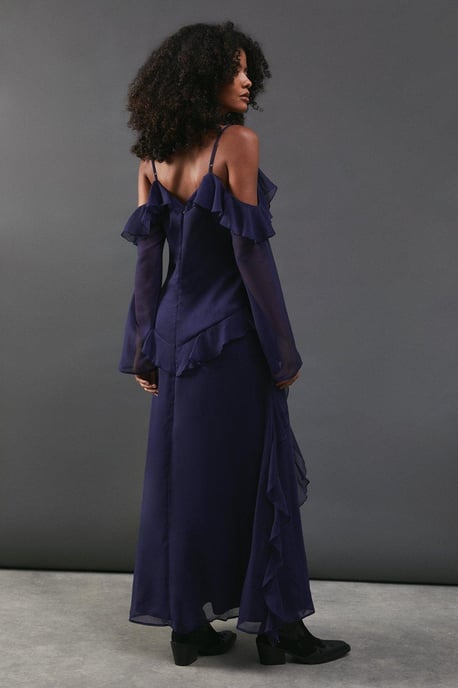 Chiffon Cold Shoulder Ruffle Detail Maxi Dress - Image 3