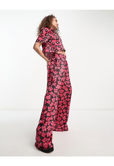 Flounce London wide leg trousers in red and black floral co-ord