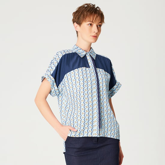 Color block short sleeves shirt with geometric print