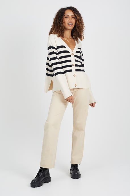 Stone Button Through V-Neck Stripe Cardigan