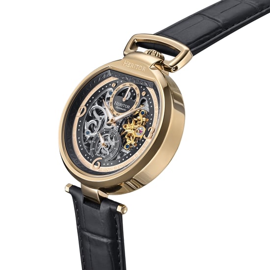 Heritor Automatic Lincoln Leather-Band Skeleton Watch with Moon Phase