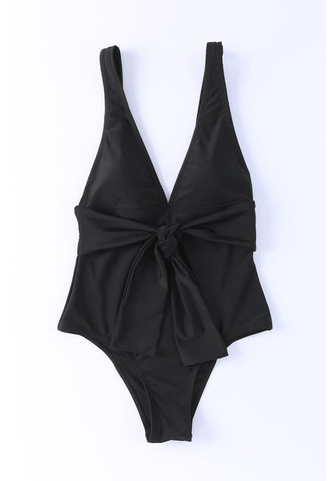 Vrouwen Tie Waist Diepe V-hals Eendelige Badhuis in Zwart - Image 4