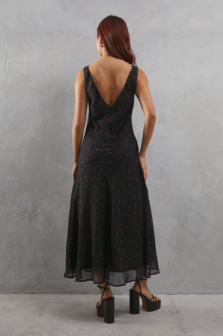 Heart Print Chiffon Slash Neck Bias Sleeveless Midi Dress - Image 3