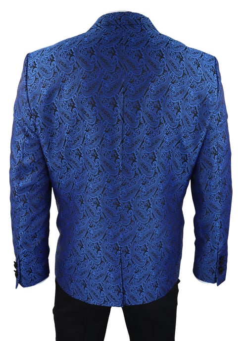 Mens Blue Tuxedo Blazer Waistcoat Brocade Black Satin Paisley Dinner Jacket