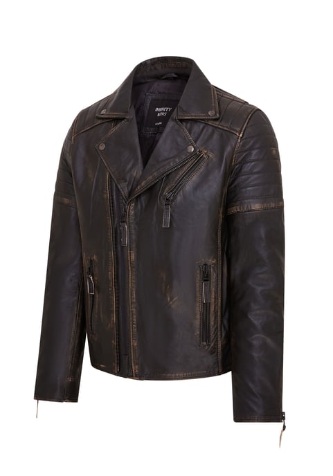 Mens Vintage Black Brando Double Cross Zip Leather Biker Jacket- Fagernes
