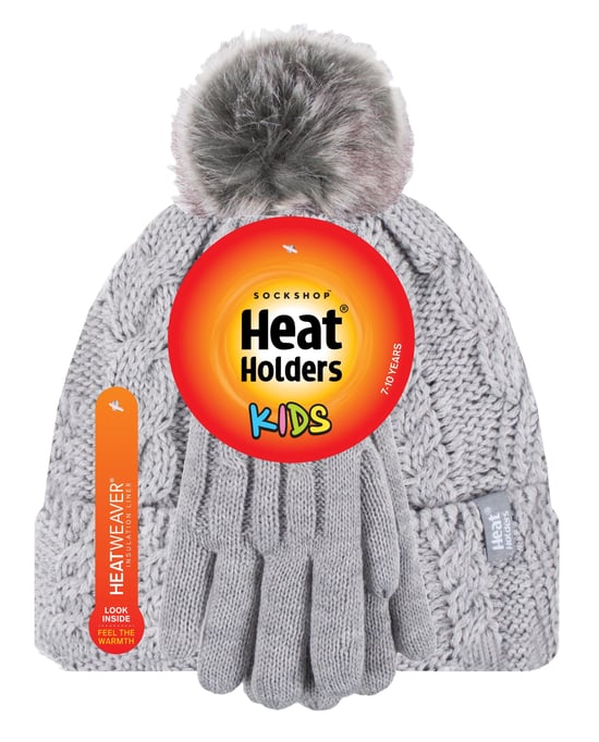 Heat Holders Meisjes Cable Bobble Muts En Handschoenen Set - Frost Gray Melange - Image 2