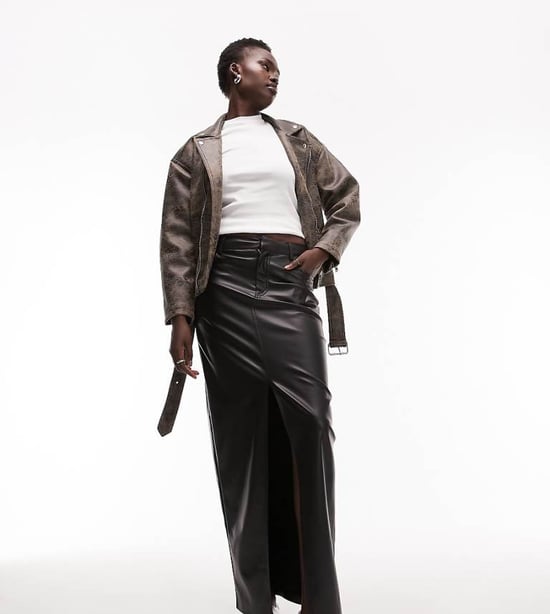 Topshop Tall leather look denim styled maxi skirt in black