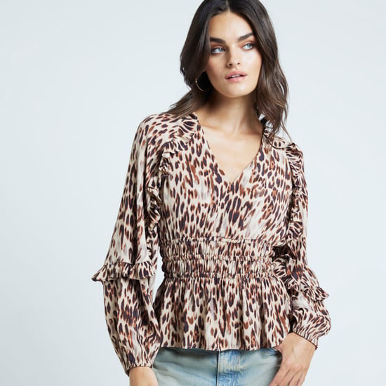 River Island Womens Blouse Beige Leopard Print Frill - Image 1
