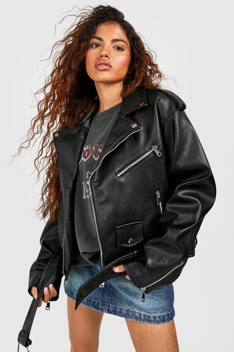 Petite Faux Leather Oversized Biker Jacket - Image 1