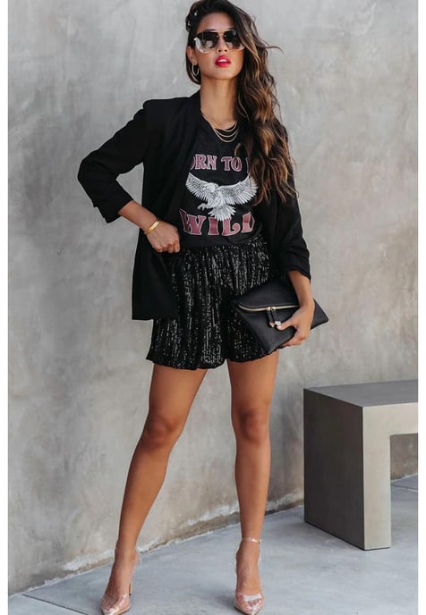 Dames Sequin Hoge Taille Casual Shorts in Zwart - Image 1