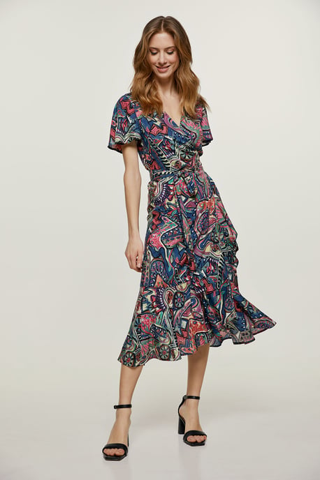 Print Ruffle Detail Wrap Dress