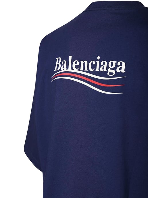 Balenciaga Political Logo Cotton Jersey T-Shirt Blue