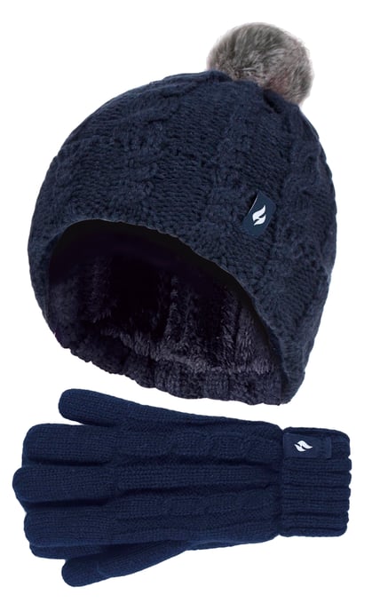 Heat Holders Meisjes Cable Bobble Muts En Handschoenen Set - Marine - Image 1