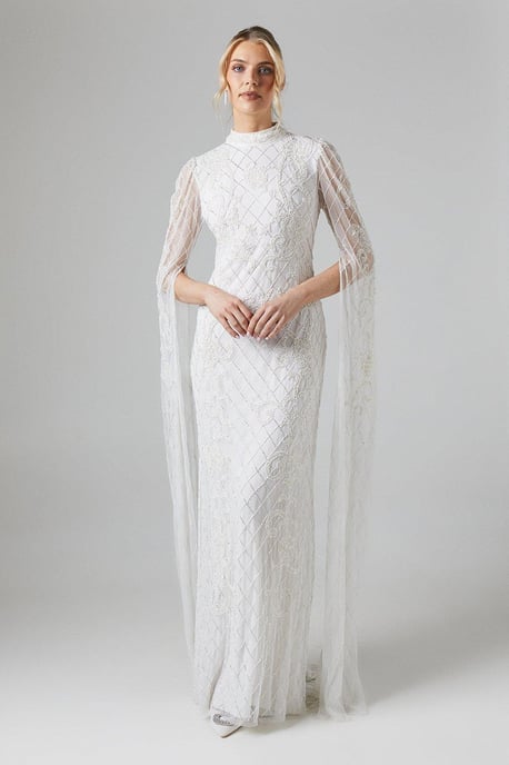 Paisley Embellished Cape Sleeve Wedding Dress