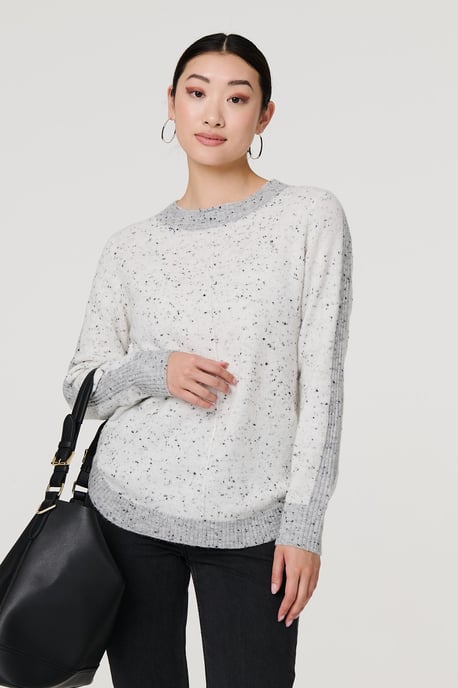 Grey Colour Block Long Sleeve Curve Hem Jumper
