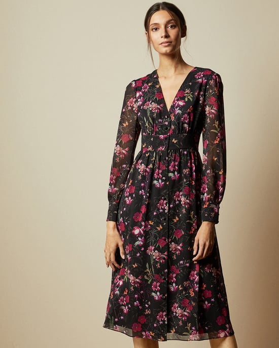 Ted Baker Adriela Fern Forest Deep V Midi Dress, Black