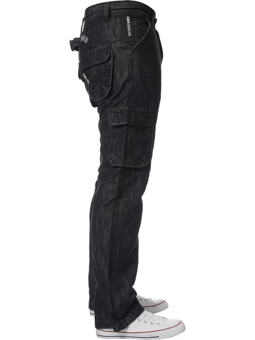 Enzo | Mens Cargo Combat Jeans - Black Wash