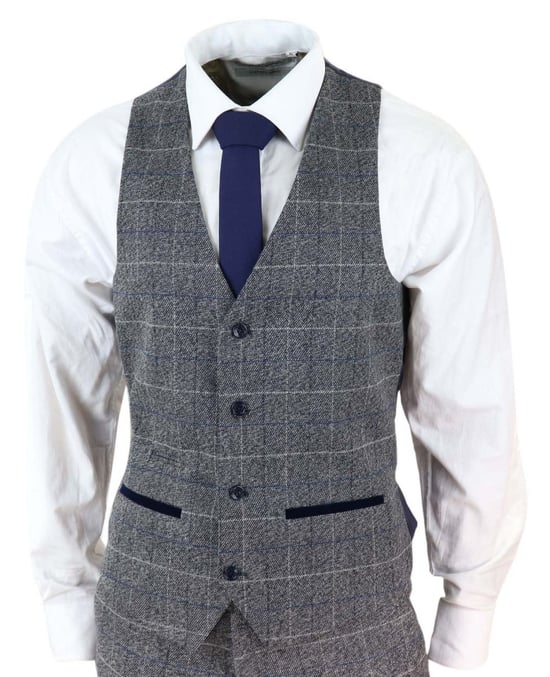 Heren 3-delig grijs met blauw geruit vintage klassiek pak - Image 4