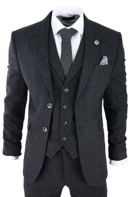 Heren Zwart 3-delig Tweed Pak Peaky Blinders 1920s Gatsby Klassieke Pasvorm - Image 1