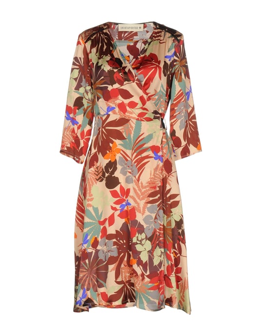 Shirtaporter Red Floral Design Silk Dress With Three Quarter Length Sleeves