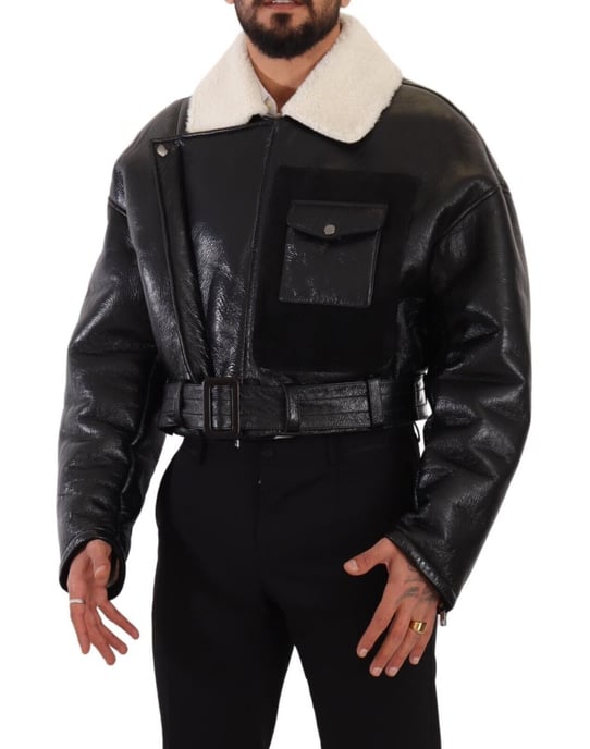 Dolce & Gabbana Heren Zwarte Leren Shearling Bikerjas - Image 5