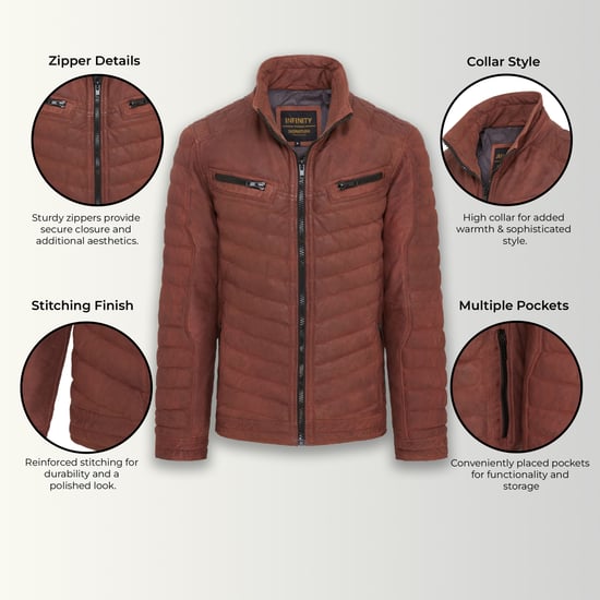 Mens Tan Brown Quilted Puffer Leather Bomber Jacket - Torpoint