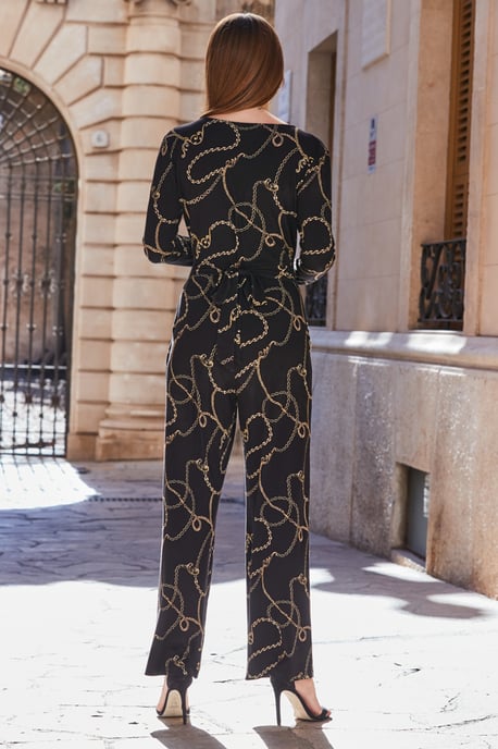 Black & Gold Chain Print Wrap Front Wide Leg Jumpsuit With Pockets