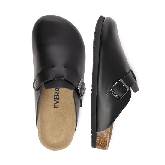 EVER AU Women Pintail Leather Comfort Clog Sandals - Black Leather