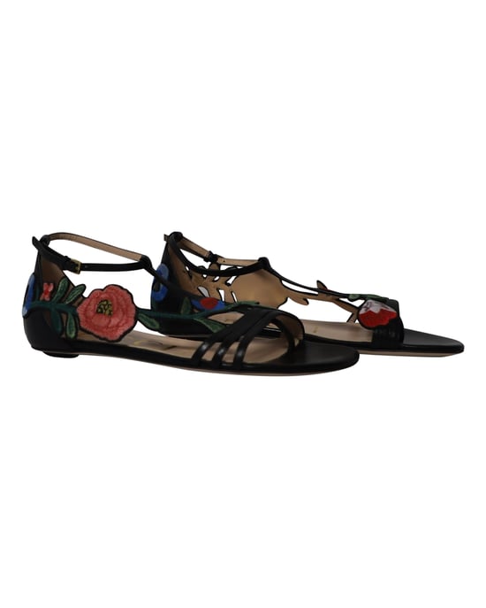 Gucci Ophelia Bloem-geborduurde Hoofdsandalen in Zwart Leer - Image 3