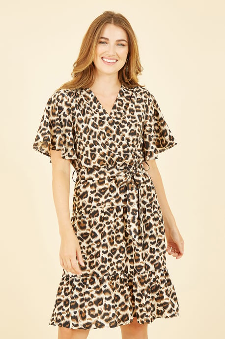 Brown Animal Print Wrap Over Skater Dress