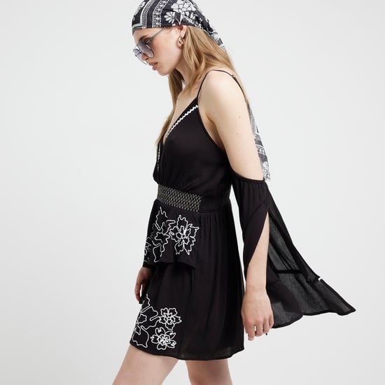 River Island Womens Playsuit Black Embroidered Cold Shoulder