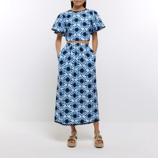 River Island Womens Maxi Skirt Blue Print With Linen